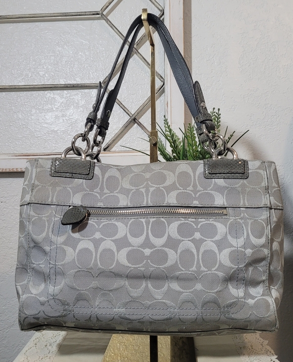 Coach Penelope Grey Signature Logo Carryall Canvas Bag with Embossed Snakeskin - Picture 5 of 14